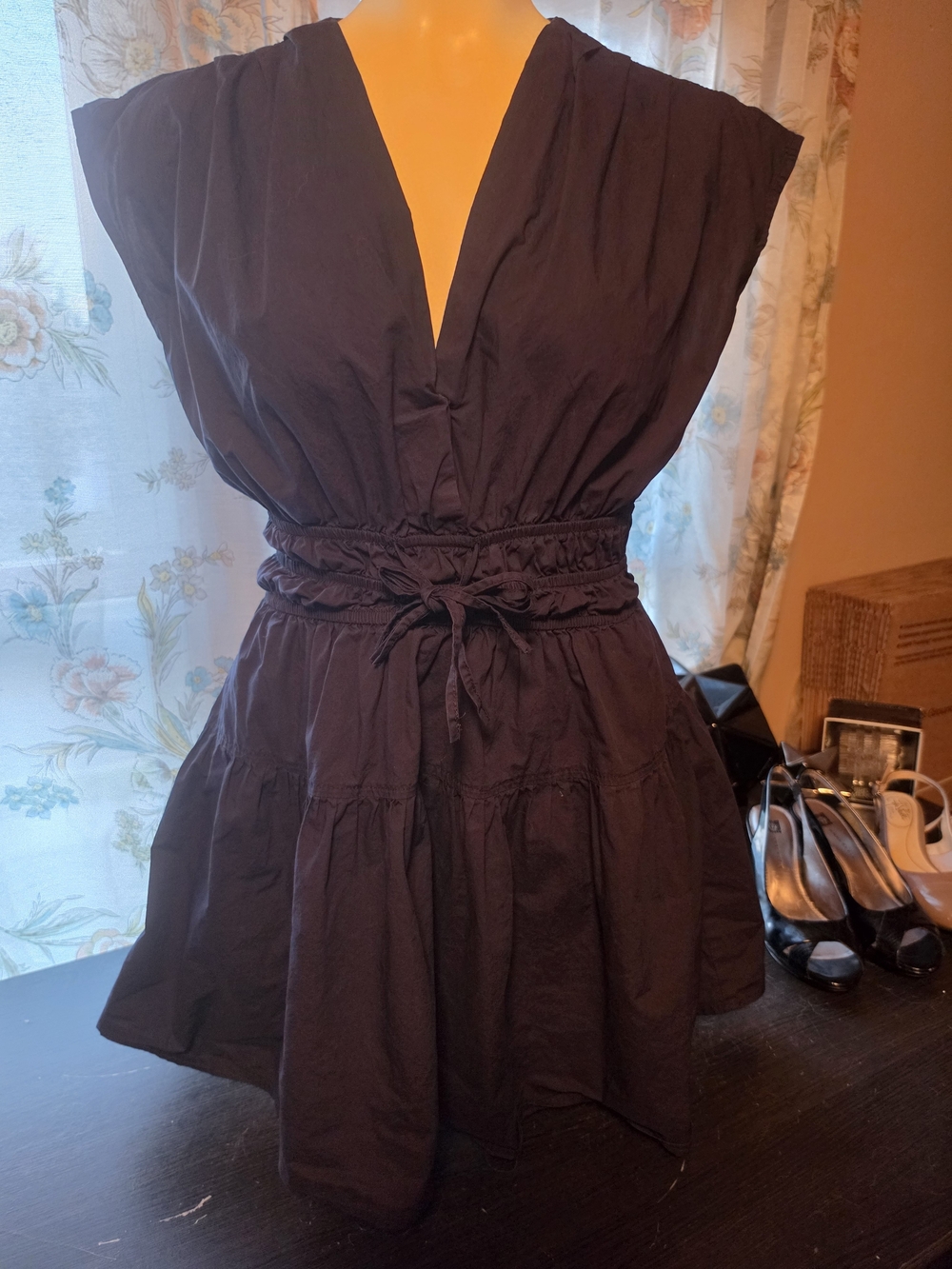 Black V-Neck Tiered Mini Dress with Waist Tie Xs Fits Like M